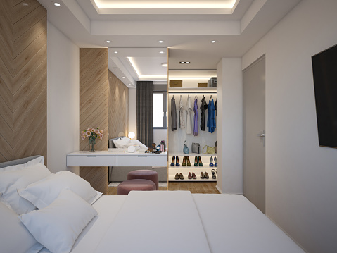 Interior Design. Architecture. Computer generated image of bed room. Architectural Visualization. 3D rendering.