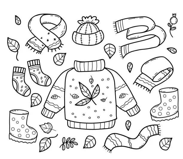 Vector illustration of Cozy autumn doodles. Knitted clothes sweater, scarf, hat, socks and rubber boots with autumn leaves. Vector illustration. Isolated outline hand drawing.