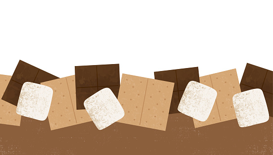 Grahams, chocolate, and marshmallows background with copy space. Cut paper style with textures