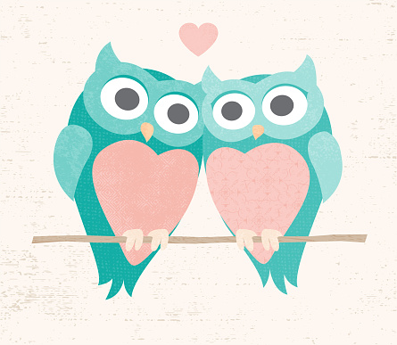 A pair of loving owls, in a cut paper style with textures
