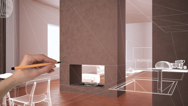 istock Empty white interior with with terracotta tiles floor, white concrete walls, hand drawing custom architecture design, white ink sketch, blueprint showing kitchen with fireplace design 1600811536