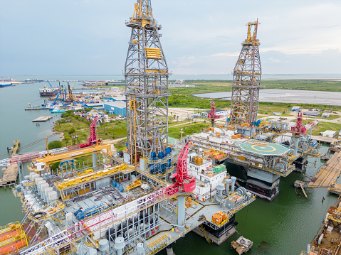 Galveston, TX, USA - July 23, 2023: Aerial photo Gulf Copper Dry Dock and Rig Repair