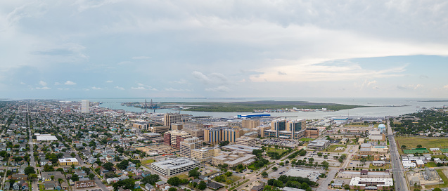 Galveston, TX, USA - July 23, 2023: Aerial photo UTMB Health Hospital Galveston Texas