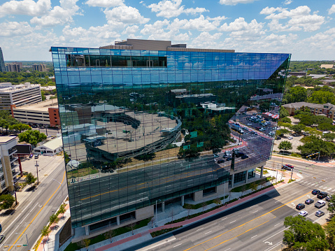 Austin, TX, USA - July 24, 2023: Aerial photo RiverSouth Austin business office building workspace