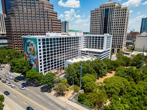 Austin, TX, USA - July 24, 2023: Aerial photo The LINE Austin Hotel