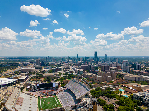 Austin, TX, USA - July 24, 2023: Aerial photo Darrell K Royal Texas Memorial Stadium at University of Texas Austin