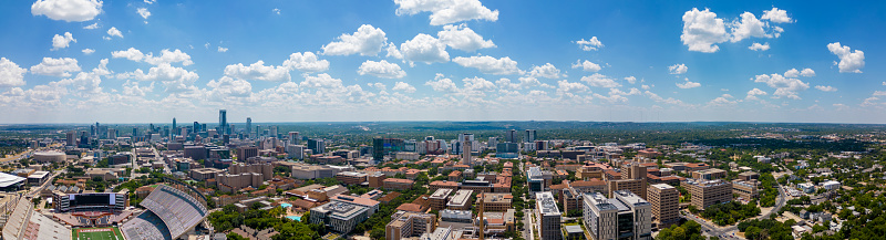 Austin, TX, USA - July 24, 2023: Aerial panorama University of Texas at Austin