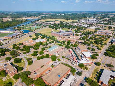 Waco, TX, USA - July 24, 2023: Aerial stock photo Baylor University