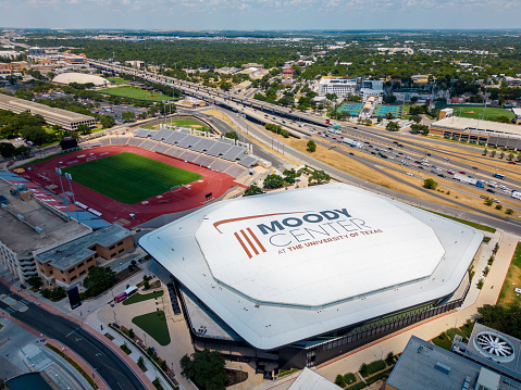Austin, TX, USA - July 24, 2023: Aerial photo Moody Center at University of Texas