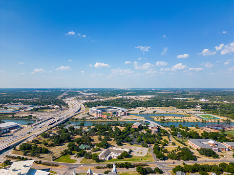 Waco, TX, USA - July 24, 2023: Aerial photo Baylor University and view of McLane Stadium
