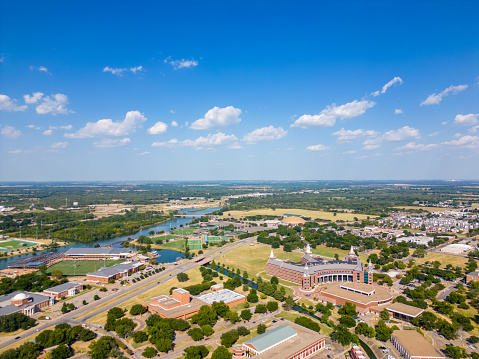 Waco, TX, USA - July 24, 2023: Aerial photo Baylor University on the Brazos River