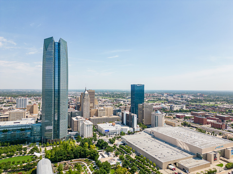 Oklahoma City, OK, USA - July 25, 2023: Aerial photo Devon Energy Tower Oklahoma City OK