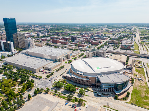Oklahoma City, OK, USA - July 25, 2023: Aerial drone photo Paycom Center