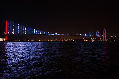 Istanbul, Turkey  january 31, 2022: Fatih Sultan Mehmet Bridge at night, view from the north