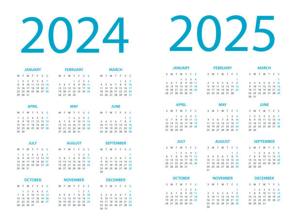 illustrations, cliparts, dessins animés et icônes de calendriers 2024 2025 - illustration de mise en page symple. la semaine commence le lundi. calendrier fixé pour 2024 2025 année - calendrier 2024