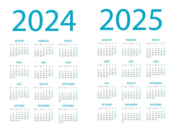 Vector illustration of Calendars 2024 2025 - Symple Layout Illustration. Week starts on Monday. Calendar Set for 2024 2025 year