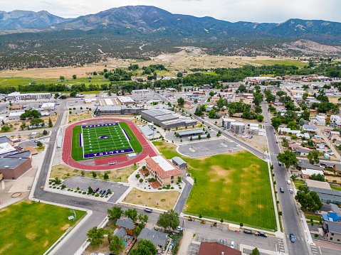 Salida, CO, USA - July 27, 2023: Aerial photo Salida High School