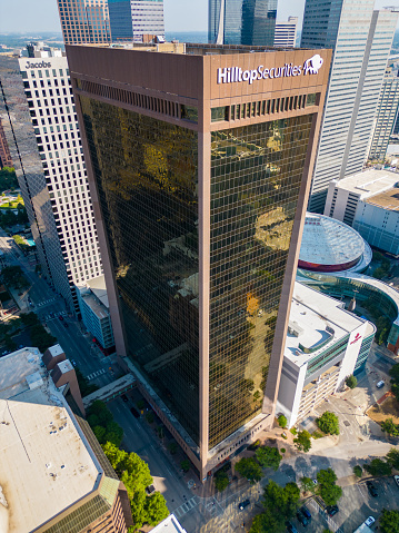 Dallas, TX, USA - July 28, 2023: Aerial photo Hilltop Securities Tower Downtown Dallas