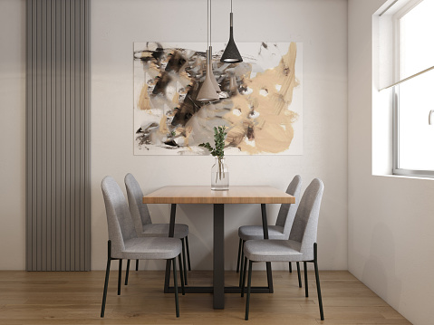 Interior Design. Architecture. Computer generated image of dining room. Architectural Visualization. 3D rendering.