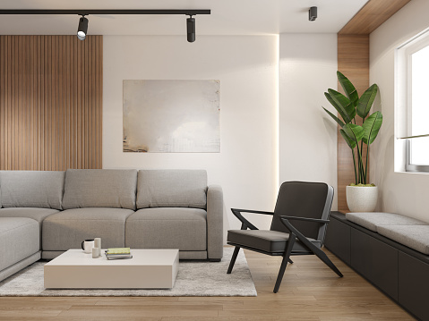 Interior Design. Architecture. Computer generated image of living room. Architectural Visualization. 3D rendering.