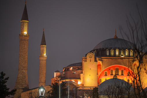 Istanbul, Turkey  january 30, 2022: Hagia Sophia, Ayasofya Camii mosque at night close-up