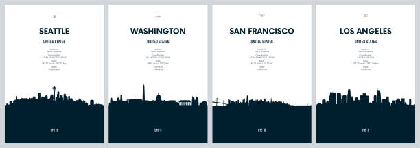 illustrazioni stock, clip art, cartoni animati e icone di tendenza di set vettoriale di viaggio con gli skyline della città seattle, washington, san francisco, los angeles, skyline della città dettagliati grafica minimalista - central california illustrations