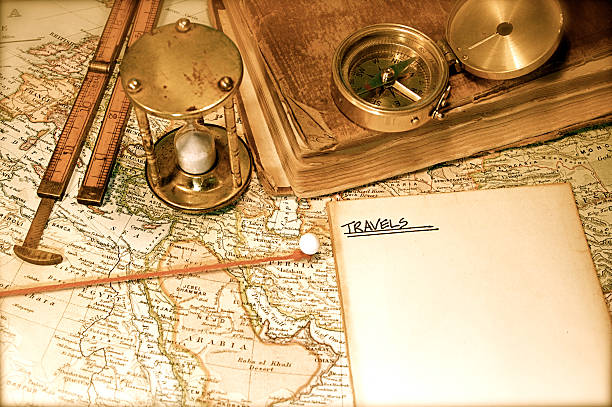 mappa vintage e tabella - old map diary travel foto e immagini stock