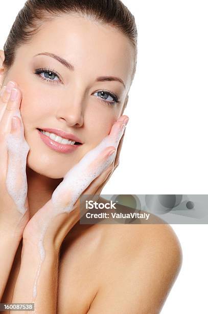 Woman Washing Her Beauty Health Face With Foam On Hands Stock Photo - Download Image Now