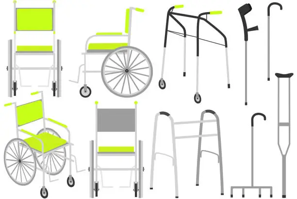 Vector illustration of Vector wheelchair, rollator, walking frame, crutches, assistive cane, forearm crutch, walking stick.
