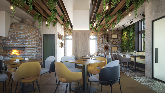 Cafe/Restaurant. Interior design. Computer generated image. Architectural Visualization. 3D rendering.