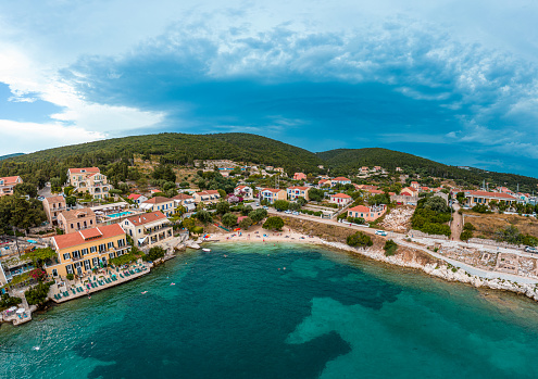 Aerial panoramic photo of Kefalonia island, Argostoli, Lixouri, Poros, Myrtos, Fiskardo, Skala at summer in Greece