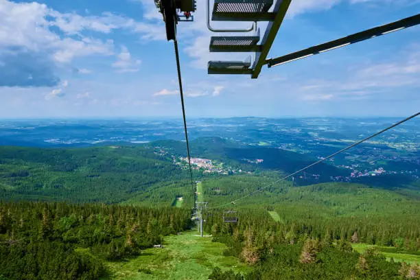 Ski lift in mountains. Karpacz resort in Poland with lift road. Mountain hiking and active vacation