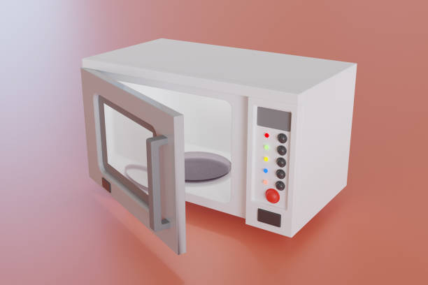 istock Modern microwave oven with open door and lit lamp inside. Kitchen electric appliance for cooking food. 3d empty white microwave oven with display, buttons and glass plate 1600928742