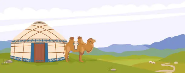 Vector illustration of Mongolian landscape. A yurt against the background of mountains, a domestic camel next to the traditional dwelling of nomads. Green pastures, vector illustration for travel poster.