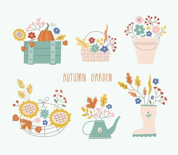 Vector illustration of Cute autunb bouquet vector illustrations set. Vegetables, flowers in baskets, boxes.