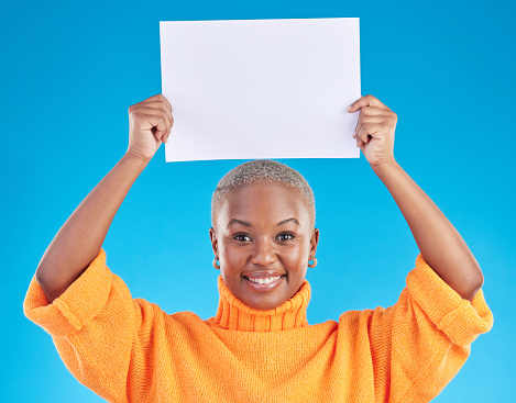 Black woman in portrait, poster and presentation advertising and announcement on blue background. Female ambassador, show sign and news broadcast, billboard and information card with mockup space