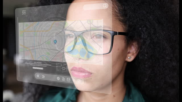 Woman surfing the web using smart glasses and changing the screen with the movement of her eyes