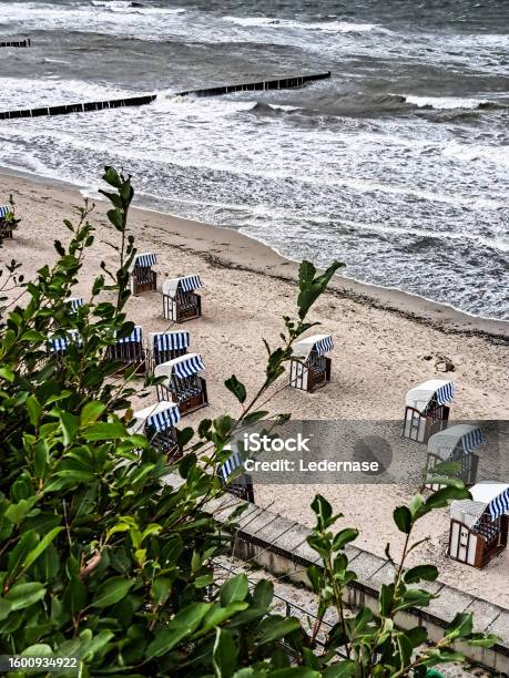 View From A Cliff On The Baltic Sea And Beach Chairs In The Sand Stock Photo - Download Image Now