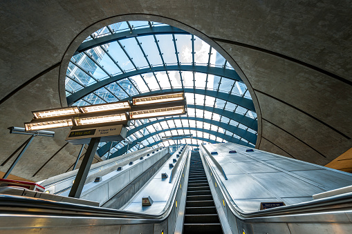low angle view from subway station in Canary Wharf, Docklands, London United Kingdom