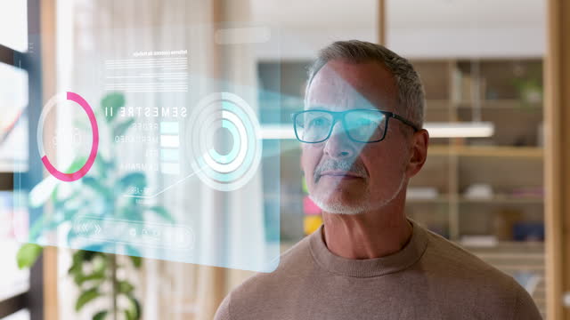 Mature businessman using smart glasses analyzing numerical and graphical data and changing it with the movement of his eyes