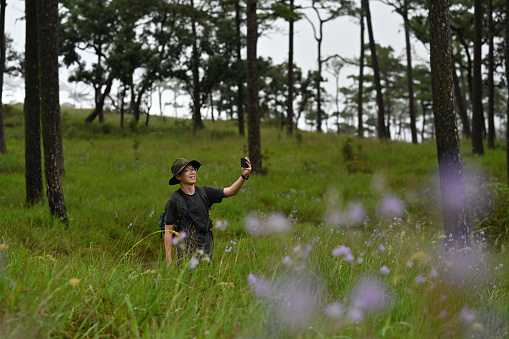 Asian adventurer man  using smartphone taking a photo at pine forest.