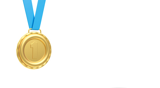 A gold medal with first place on a blue ribbon, champion award on empty white blank copy space background. Concept of reward, success and competition. 3D rendering illustration