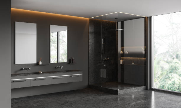 istock Gray bathroom corner with shower stall and double sink 1600951989