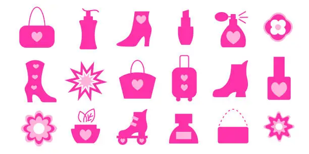 Vector illustration of Beauty Accessories Pink Icons Set. Girls Kit. Doll Princess Design Elements Collection. Baby Girl, Woman Girly Design Elements Set