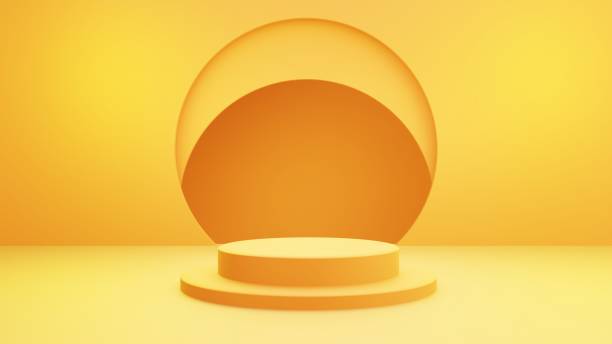 istock 3d rendering of empty yellow orange abstract geometric minimal concept background. Scene for advertising, cosmetic, showroom, food, banner, fashion, technology, business. Illustration. Product display 1600964132