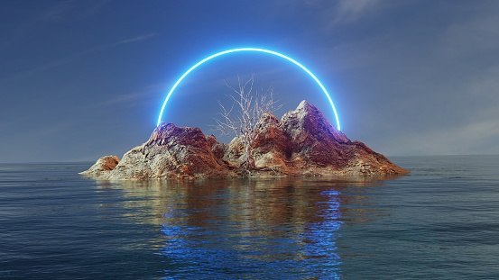 An ocean scene with neon circles over an island in a 3D render, creating a visually stunning and calming effect.