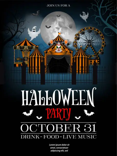 Vector illustration of halloween party flyer with amusement park and cicus with evil clown