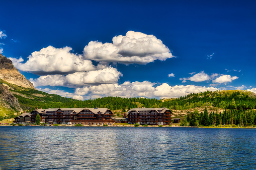 Scenic Swiftcurrent Lake and Many Glacier Hotel in  Glacier National Park- Montanas