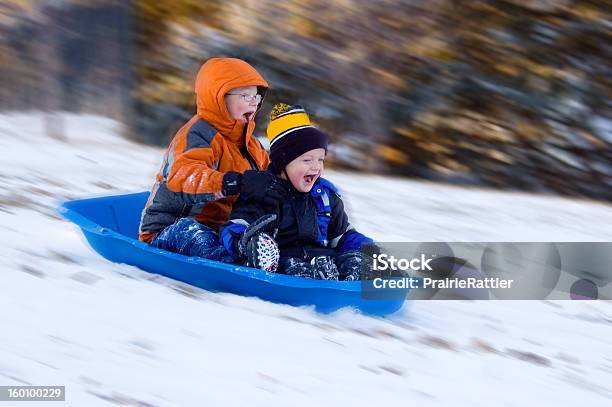 Excited Boys On Sled Ride Stock Photo - Download Image Now - Sledding, Child, Sled