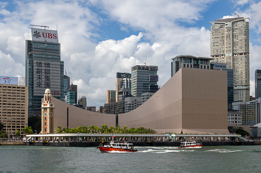 Hong Kong - August 8, 2023 : General view of the Hong Kong Skyline in Kowloon side, with the Masterpiece, One Peking, former Kowloon-Canton Railway Clock Tower and Hong Kong Cultural Centre.